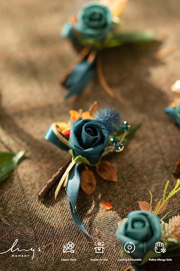 Ling's moment Boutonniere for Men, 6pcs Groom Groomsmen Boutonniere, Artificial Flowers for Wedding Decor/Prom/Homecoming, etc.Dark Teal Burnt Orange