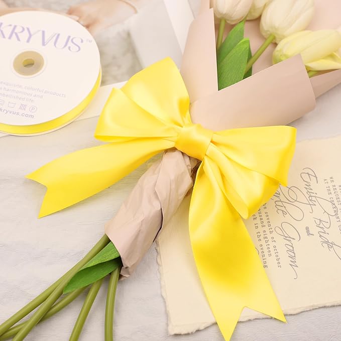 Daffodil Yellow Satin Ribbon, Double Faced 2 Inch X 25 Yards Daffodil Ribbon, Premium Satin Ribbon for Gift Wrapping, Crafts, Hair Bow Making, Sewing, Flower Bouquet, Wedding Party Decor