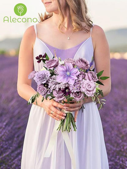 Alecono Artificial Flowers, Purple Fake Flowers Combo Box with Stems for DIY Wedding Bridal Bouquets, Cake Party Table Centerpieces Home Decor