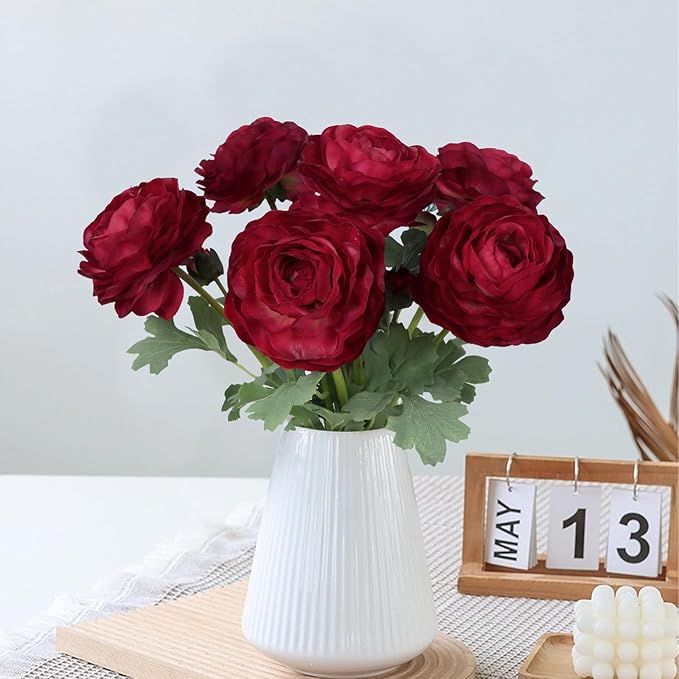 Dark Red Ranunculus Artificial Flowers 6PCS Real Touch Ranunculus Flowers Fake Peonies Artificial Flowers for DIY Wedding Bouquet Party Table Home Decor(Dark Red)