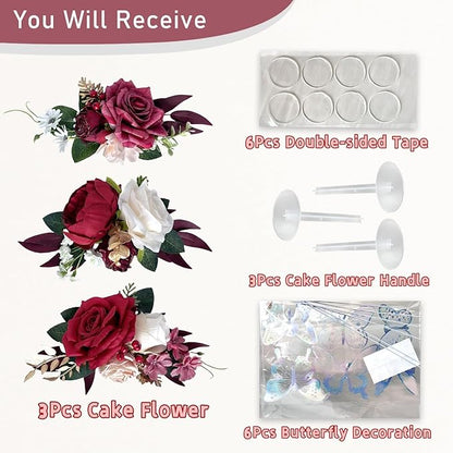 Pre-Made Burgundy Gold Silk Flowers for Cakes Decorations Dark Red Artificial Rose Peony Wedding Cake Toppers Decorating Fake Floral Anniversary Birthday Party Arrangements Table