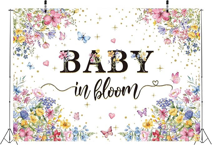 Baby in Bloom Backdrop Wildflower Baby Shower Party Photography Background Spring Floral Gold Glitter Butterfly Banner for Girls Baby Shower Newborn Birthday Party Decorations (94X70 inch (8x6FT))