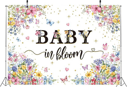 Baby in Bloom Backdrop Wildflower Baby Shower Party Photography Background Spring Floral Gold Glitter Butterfly Banner for Girls Baby Shower Newborn Birthday Party Decorations (94X70 inch (8x6FT))