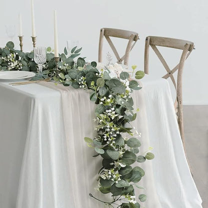 SOMYTING Artificial Eucalyptus Garland with White Flowers 4 Packs 5.9Ft Silver Dollar Eucalyptus Vine Faux Leaves Vine Greenery Garland for Table Wedding Arch Mantle Room Decor (4PCS)