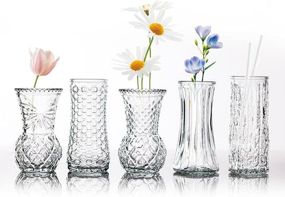 Glass Bud Vase, Transparent Cylindrical, Vintage Style, Wedding Centerpiece (Clear, 5 Pcs)