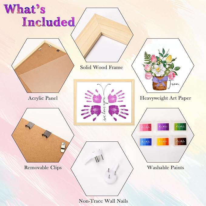 DIY Flower Bouquet Handprint Craft Kit for Grandma, Unique Gifts for Grandma, Birthday Gifts for Mom Grandma Nana Mimi, Thanksgiving (12" x 16", 2 Art Papers, Wood Frame)