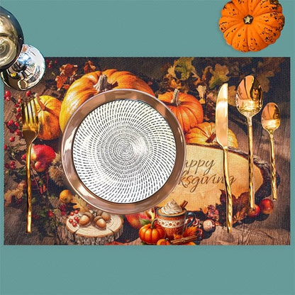 Thanksgiving Holiday Modern Pumpkins Placemats Set of 4 PVC Vinyl Non Slip Table Mats Heat Resistant Place Mats Washable Wipeable Dining Table Mat for Kitchen Party Indoor Outdoor Decorative Gift
