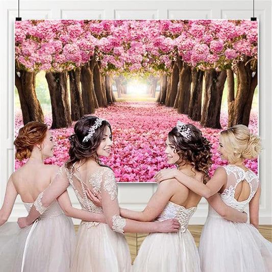 12x8ft Spring Pink Flower Backdrop Cherry Blossom Floral Petal Trees Boulevard Garden Romantic Valentine's Day Photography Background for Wedding Baby Shower Tea Party Girl Adult Portraits