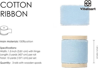 Vitalizart Baby Blue Ribbon 1-1/2" x 15 Yd 100% Cotton Handmade Frayed Fringe Fabric Ribbons for Gift Wrapping Wedding Invites Bridal Shower Bouquets Christmas Decorations