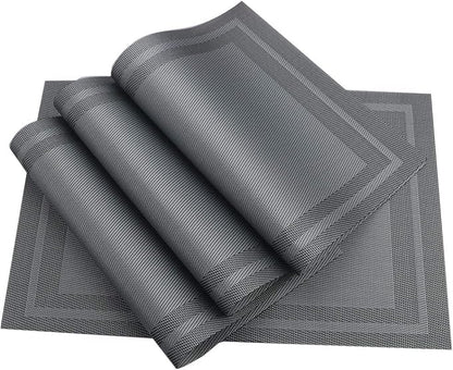 Gugrida Placemats Set of 6 Plaid Checkered Silver Grey PVC Placemat for Dining Table Durable Woven Vinyl Stain tablemats 18"X12"