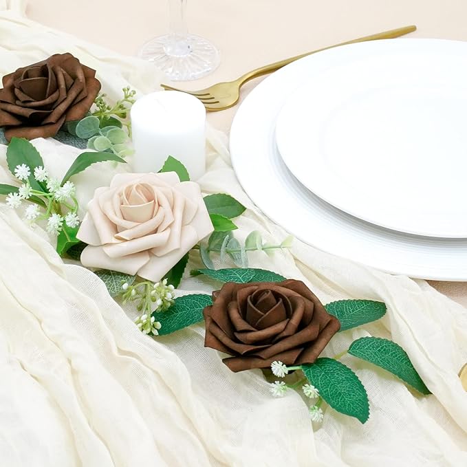 Artificial Flowers, 50pcs Brown and Tan Artificial Flower for DIY Wedding Bouquets Centerpieces Arrangements, Artificial Rose with Stem for Party Home Decorations