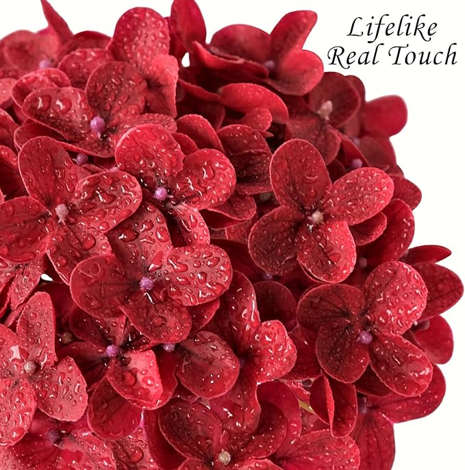 Hydrangea Artificial Flowers, Lifelike Latex Silk Real Touch Faux Hydrangea Flowers, Artificial Hydrangeas Bouquet for Wedding Centerpieces Tables Party Home (Red)
