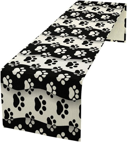 Dog Paw Table Runner,Kid Cute Animal Footprint Black White Theme Design Print Tablecloth Burlap for Hotel Indoors Outdoor Dining Room Kitchen Home Decor,W13X L60 in