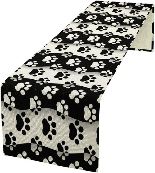 Dog Paw Table Runner,Kid Cute Animal Footprint Black White Theme Design Print Tablecloth Burlap for Hotel Indoors Outdoor Dining Room Kitchen Home Decor,W13X L60 in