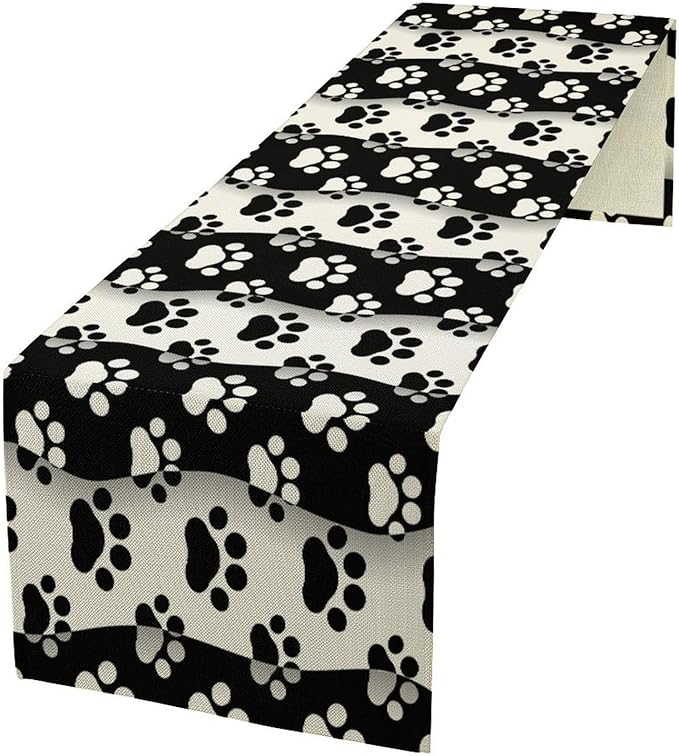 Dog Paw Table Runner,Kid Cute Animal Footprint Black White Theme Design Print Tablecloth Burlap for Hotel Indoors Outdoor Dining Room Kitchen Home Decor,W13X L36 in