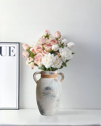 Ceramic Flower Vase with 2 Handles,9.8 inch Large Farmhouse Rustic Terracotta Vases for Decor，Gray