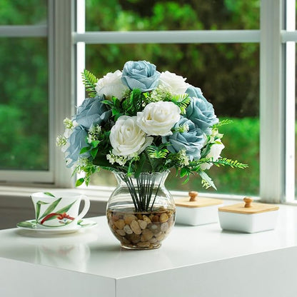 ENOVA FLORAL 18 Heads Silk Rose Artificial Flowers in Vase,Faux Rose Flowers Arrangement in Round Bowl Vase with Faux Water and River Rock for Table Decor Centerpieces (Blue Cream)