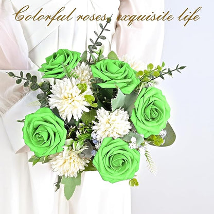 BLEUM CADE 16Pcs Artificial Flowers Fake Roses with Stems, Bright Green Boxed Foam Roses for DIY Bouquets Centerpieces Wedding Party Arrangement Bridal Shower Decor