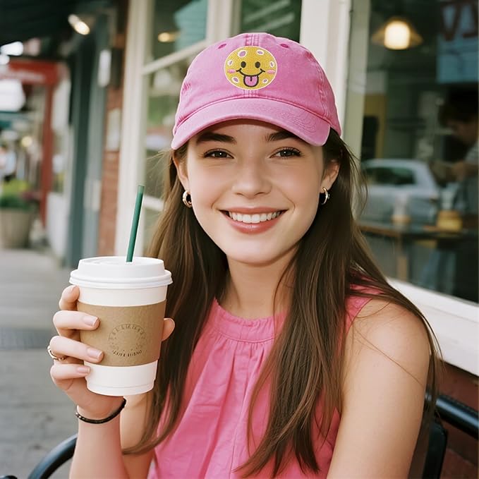 Pickleball Hat for Women Men, Adjustable Embroidered Cotton Smiley Face Washed and Distressed Baseball Cap Pink