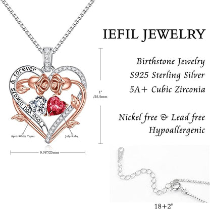 Iefil Rose Heart Double Birthstone Necklace Gifts for Wife Her Mom Women, Birthstone Jewelry Gemstone Birthday Gifts for Girlfriend Grandma Her Wife Women