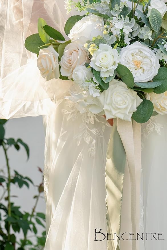 14 Inch White Bridal Bouquet,Wedding Bouquet,Bride Bouquets for Wedding Ceremony Anniversary, Party and French Rustic Vintage Wedding,Artificial Flowers