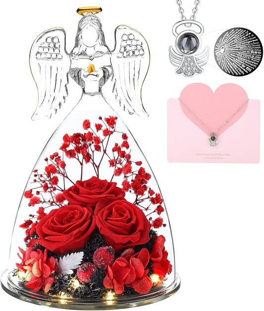 Christmas Angel Gifts for Women,Preserved Flowers Rose in Glass Angel Figurines Flowers for Delivery,Preserved Three Red Rose with Lights,Christmas Birthday Gifts for Grandma Mom Wife Her Sister
