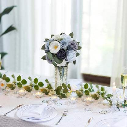 BLOSMON Artificial Flowers Ball Wedding Centerpieces 10 Pcs Dusty Blue Rose Artificial Flower Center Pieces Decoration for Table Silk Kissing Ball Floral Bouquet Arrangements Home Party DIY Decor