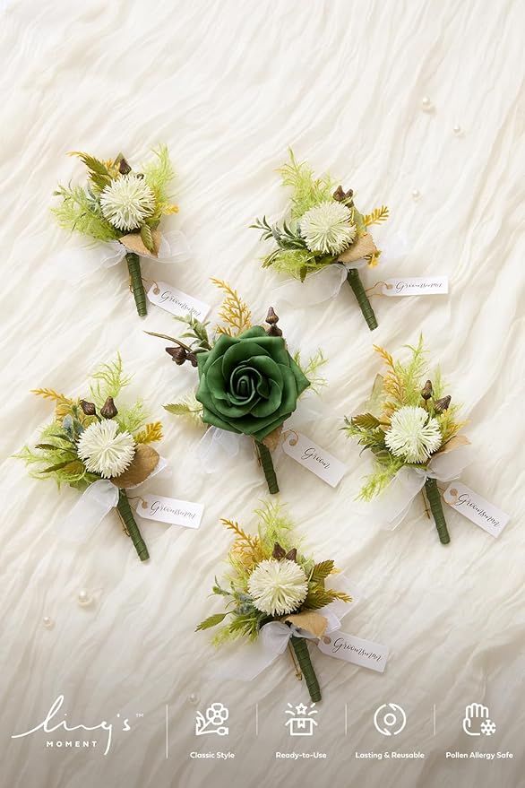 Ling's Moment Boutonniere for Men, 6pcs Groom Groomsmen Boutonniere, Artificial Flowers for Wedding Decor/Prom/Homecoming, etc.Emerald Green Beige