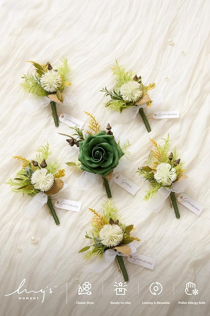 Ling's Moment Boutonniere for Men, 6pcs Groom Groomsmen Boutonniere, Artificial Flowers for Wedding Decor/Prom/Homecoming, etc.Emerald Green Beige