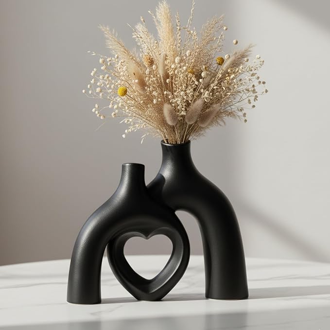 Hug Donut Ceramic Decorative Vase Set, Snuggle Hollow Modern Nordic Boho Style Vases for Home Decor Living Room Shelf Bookshelf Mantle Entryway Table Console Décor (Matte Black)
