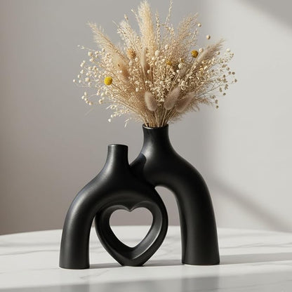 Hug Donut Ceramic Decorative Vase Set, Snuggle Hollow Modern Nordic Boho Style Vases for Home Decor Living Room Shelf Bookshelf Mantle Entryway Table Console Décor (Matte Black)