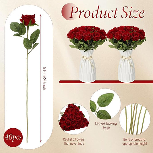 Hotop 40 Pcs Rose Artificial Flowers Bulk with Long Stem,Realistic Silk Fake Roses Bouquet for Home Wedding Centerpieces Party Table Decoration Valentines Gifts(Wine Red)