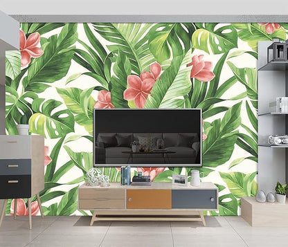 Banana Leaf Wallpaper Pink Floral Plant Girls Bedroom Botanical Flowers murals Aesthetic Room Decor Living Room tv Background Large Wall Mural - 137"x96" Not Peel and Stick