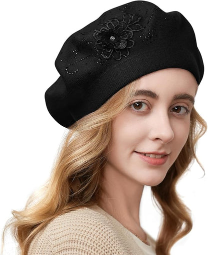Flower Embroidery Beret Hat for Women, French Style Knitted Beret Hats, Stylish Solid Color Beret Cap for Women Girls Lady