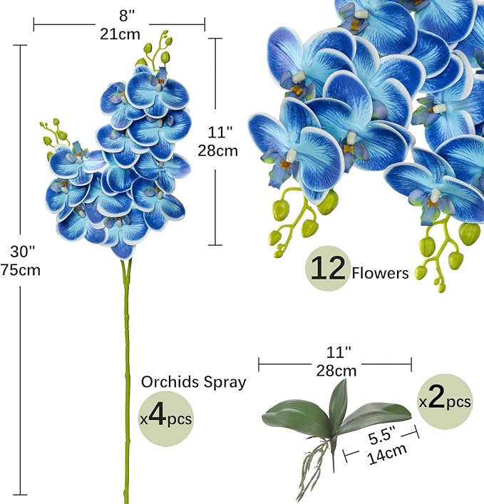 30 Inch Blue Orchids Artificial Flowers Real Touch Phalaenopsis Spray Artificial Orchid Stems with 12 Orchid Flowers Fake Phalaenopsis Tall Faux Flowers Arrangement for Home Decor Party Wedding Decor