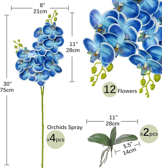30 Inch Blue Orchids Artificial Flowers Real Touch Phalaenopsis Spray Artificial Orchid Stems with 12 Orchid Flowers Fake Phalaenopsis Tall Faux Flowers Arrangement for Home Decor Party Wedding Decor