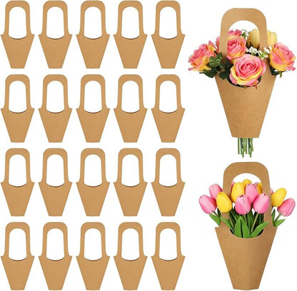 PercyEffie 50Pcs flower bags for bouquets Paper flower bags with Handles bouquet wrapping paper Bulk Brown stand accessories flowers bar supplies bouquets holder for Wedding Flowers Shop Home Decora