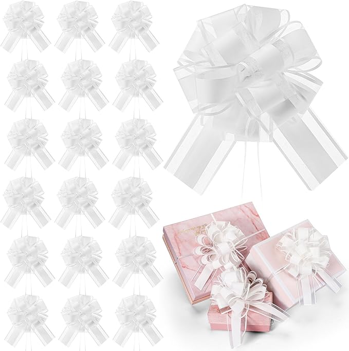WILLBOND 20 Pieces 6 Inch Pull Bows Gift Wrapping Ribbon Pull Bows for Christmas Wedding Baskets Valentine Multicolor Wrap Accessory for Gift Present Holiday Decor(Plain White)