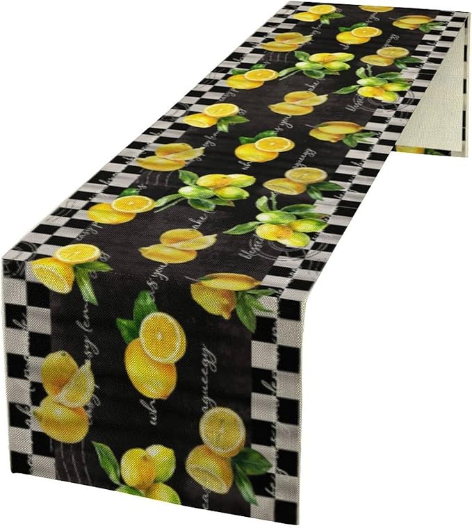 Lemon Table Runner , Summer Yellow Fruits Green Leaves Kitchen Dinning Table Decoration for Indoor Outdoor Home Party Decor 13x90 Inch