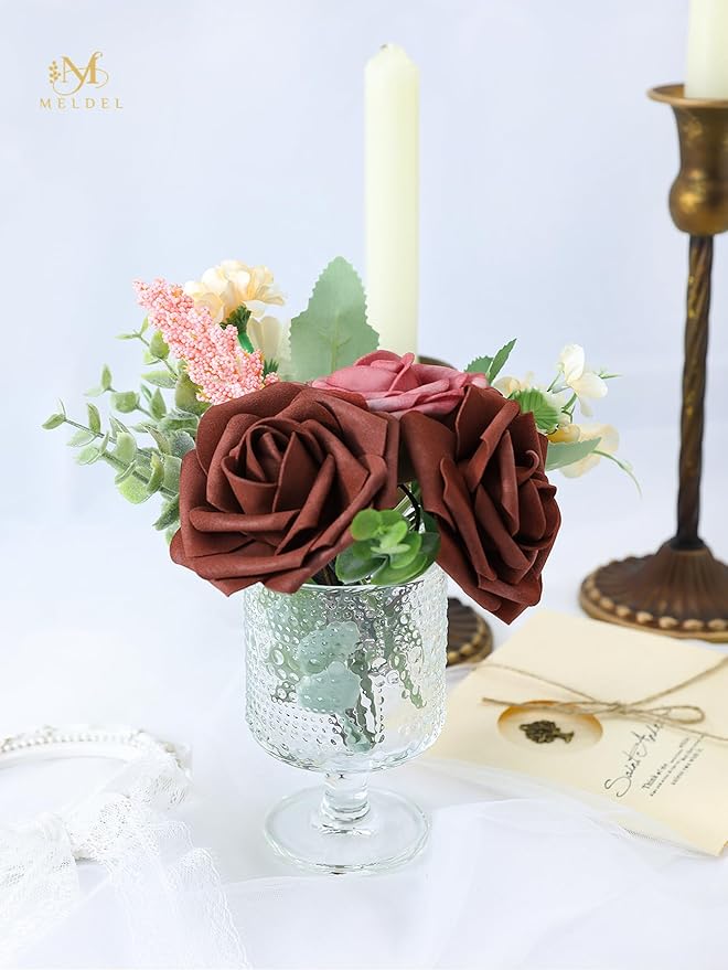 Meldel Artificial Flowers 50pcs Real Looking Rust Red Foam Fake Roses with Stems for DIY Wedding Bouquets Bridal Shower Centerpieces Floral Arrangements Home Decorations Bulk Crafts Rose