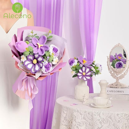 Alecono Crochet Flower Bouquet, Purple Knitted Flowers, Crochet Tulip Galsang Flower for Lover Anniversary Birthday Party Mother's Day Graduation Gifts (Include Card)