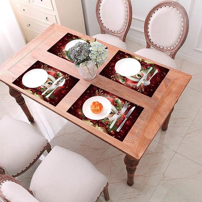 PVC Placemats Set of 6 Wipeable Table Mats Washable Heat Resistant Non Slip Vinyl Dining Table Mat for Kitchen Indoor Outdoor Patio Farmhouse Place Mats Red Christmas Bell Deer Decorative