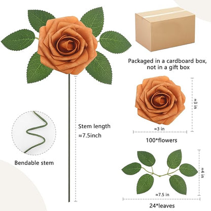 Artificial Flowers Roses Real Looking Foam Fake Roses with Leaves and for DIY Wedding Bouquets Bridal Shower Centerpieces Party Decorations (Gold Sparrow, 200)