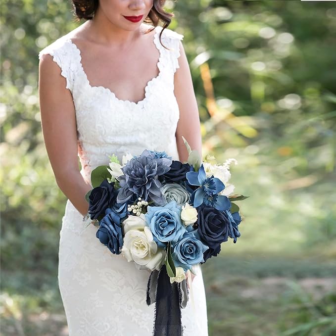 Rinlong 10.6 Inch Wedding Bouquets for Bride Navy Blue Bridal Bouquet for Wedding Artificial Flowers Silk Bouquet