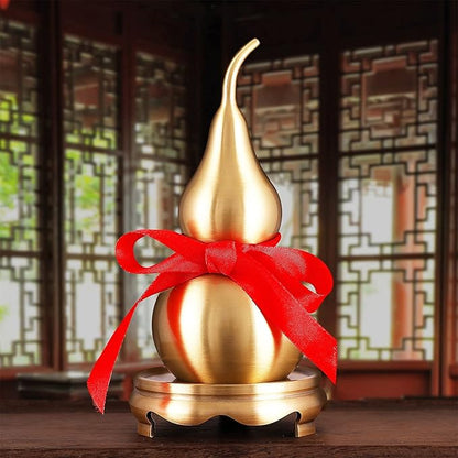 Feng Shui Wu Lou Brass Golden Gourd with Holder and Red Luck Strip for Home Decor Furnishing,Full Brass,Statue Charm Amulet,Bring You Good Luck,Healthy,Success