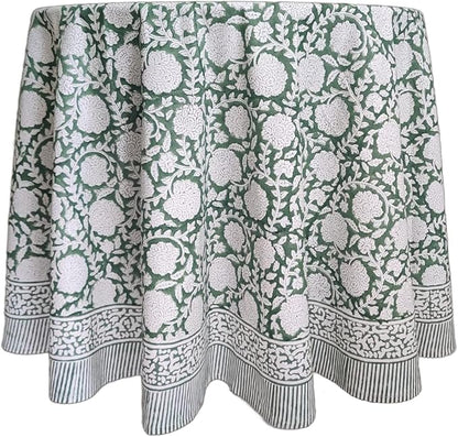 ATOSII Shalimar Green 100% Cotton Round Boho Fall Tablecloth, Handblock Floral Table Cloth Linen for Kitchen Dining I Parties Wedding Outdoors Christmas Thanksgiving I Fall Home Decor 90" Inches Round