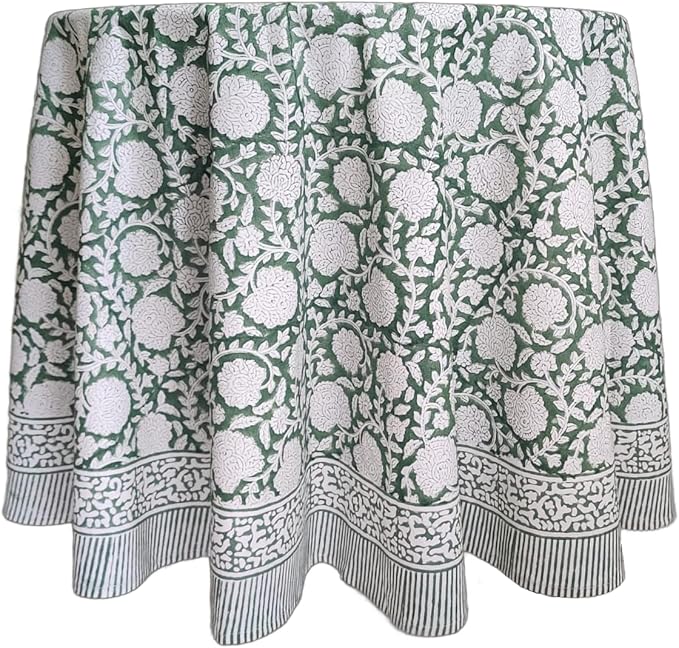 ATOSII Shalimar Green 100% Cotton Round Boho Fall Tablecloth, Handblock Floral Table Cloth Linen for Kitchen Dining I Parties Wedding Outdoors Christmas Thanksgiving I Fall Home Decor 60" Inches Round