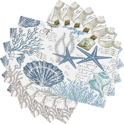 Nautical Placemats Set of 4,Summer Starfish Beach Theme Ocean Seashell,Blue Coastal Linen Fabric Table Mats for Home Kitchen Dining Party Decor 6 PCS