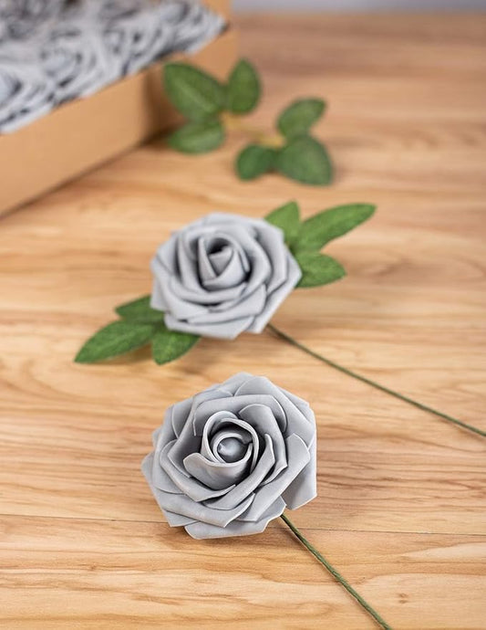 Artificial Flower Foam Rose 25pcs Real Looking Fake Rose with Stems Leaves for Home Decoration Party Garden Centerpieces DIY Wedding Bouquets（Grey）