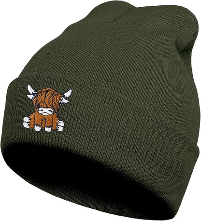 Scottish Highland Cow Beanie Hat, Cute Funny Cow Embroidery Winter Knit Skull Cap for Adult Men Women